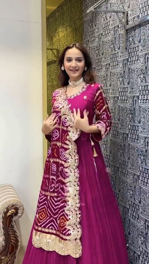 Royal Rani Pink Bandhej Anarkali Set with Embroidered Gota Work Dupatta